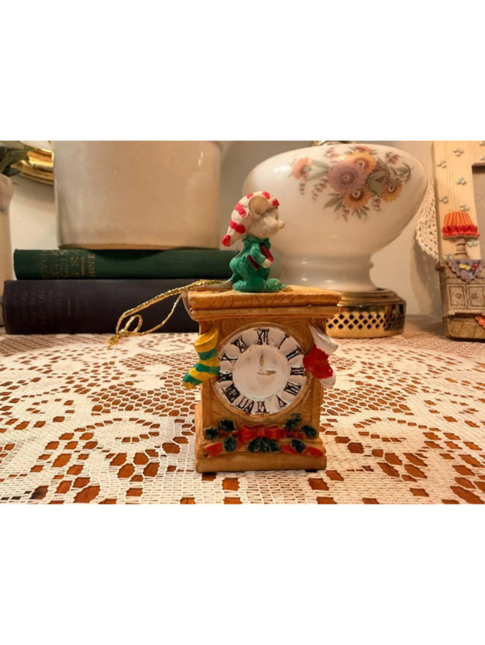 Vintage Mouse Clock Ornament Hinged Trinket Box Silent Night Christmas